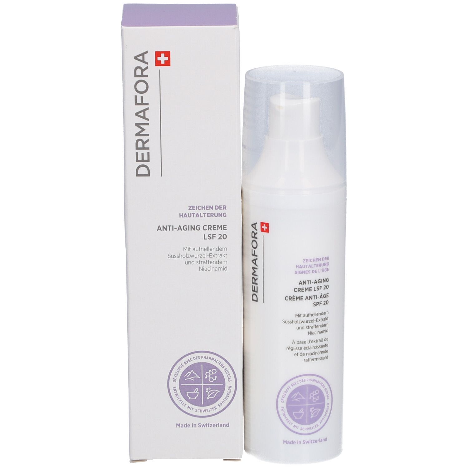 Creme-Flasche und Karton. Aufschrift: DERMAFORA, Anti-Aging Creme LSF 20. Schweizer Kreuz. Verpackung.