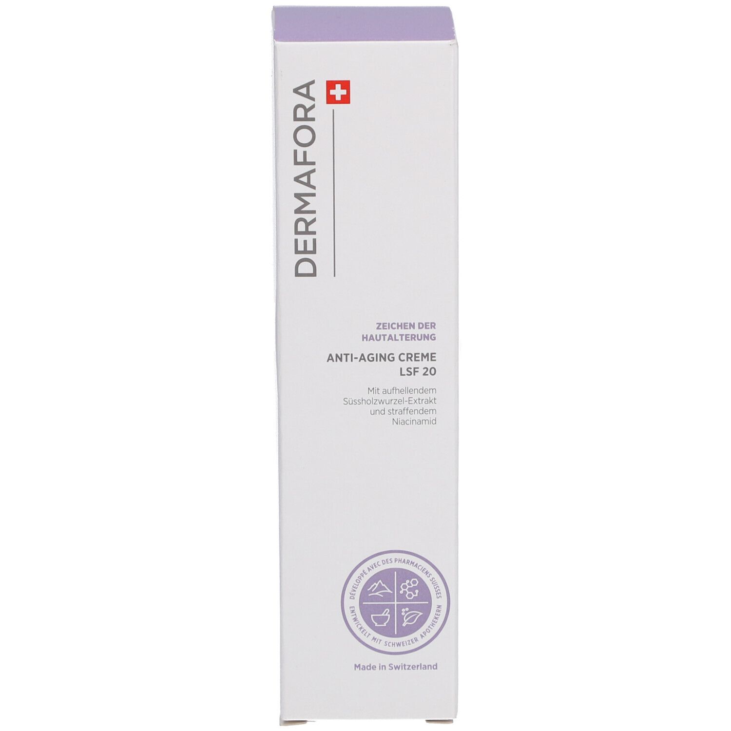 Karton mit Aufschrift: DERMAFORA, Anti-Aging Creme LSF 20. Schweizer Kreuz. Verpackung.