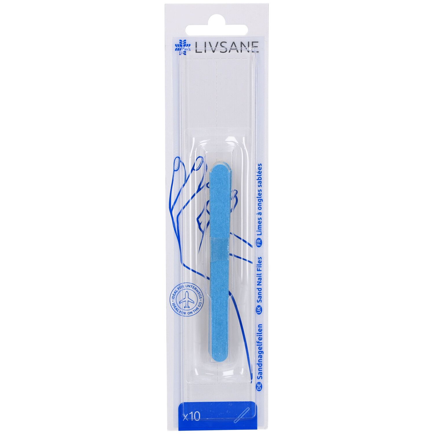 Blaues Sandnagelfeile-Set in transparenter Verpackung. Zehn Stück. Marke: LIVSANE. Text: Sand Nail Files.