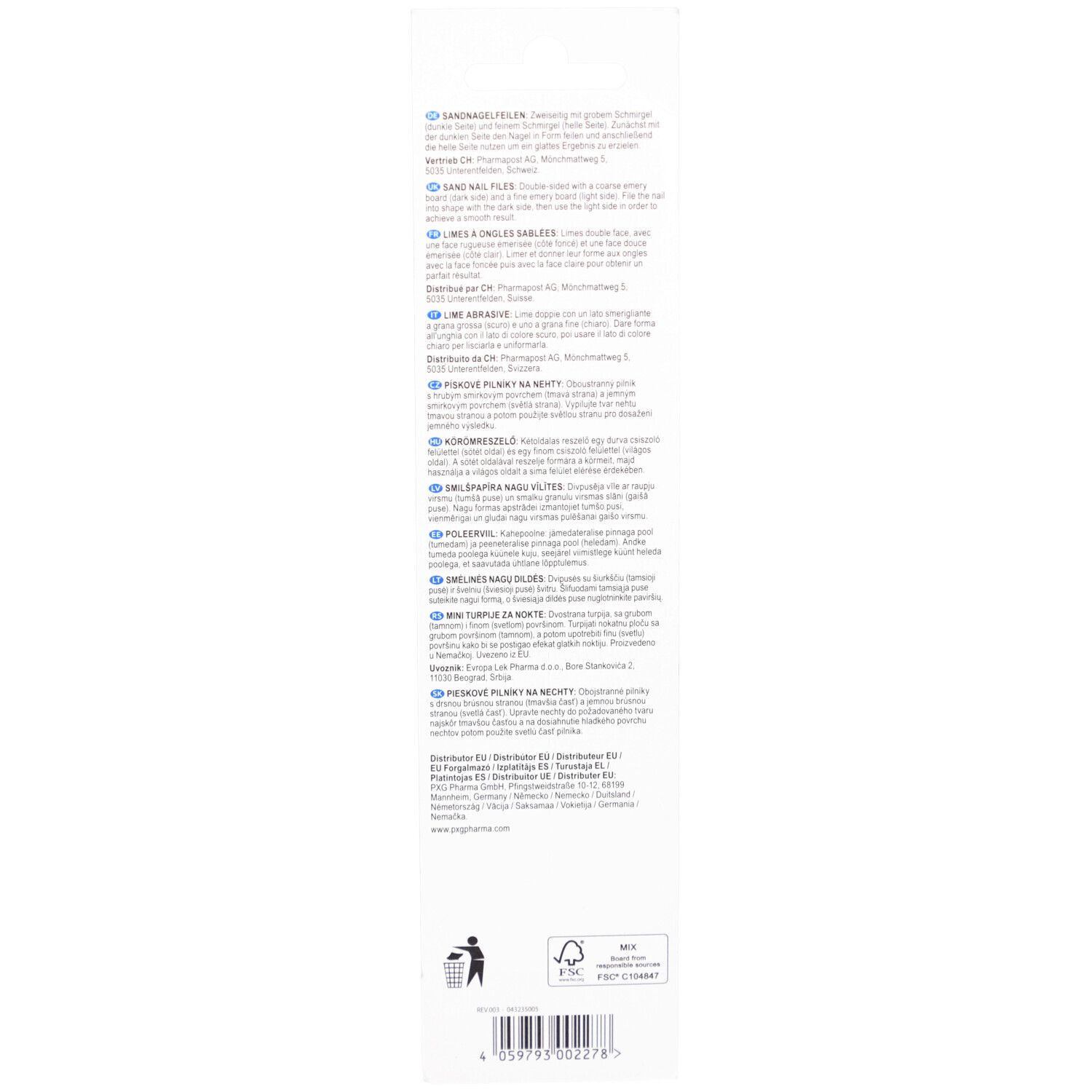 Rückseite der Verpackung mit Text in verschiedenen Sprachen. Enthält Informationen zum Produkt.