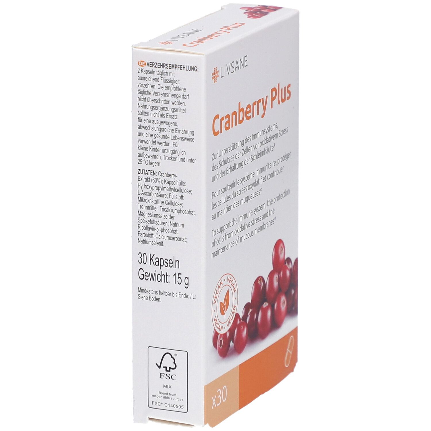 Schräg gestellte Verpackung von LIVSANE Cranberry Plus. Text und Cranberry-Abbildung. 30 Kapseln. FSC-Siegel.