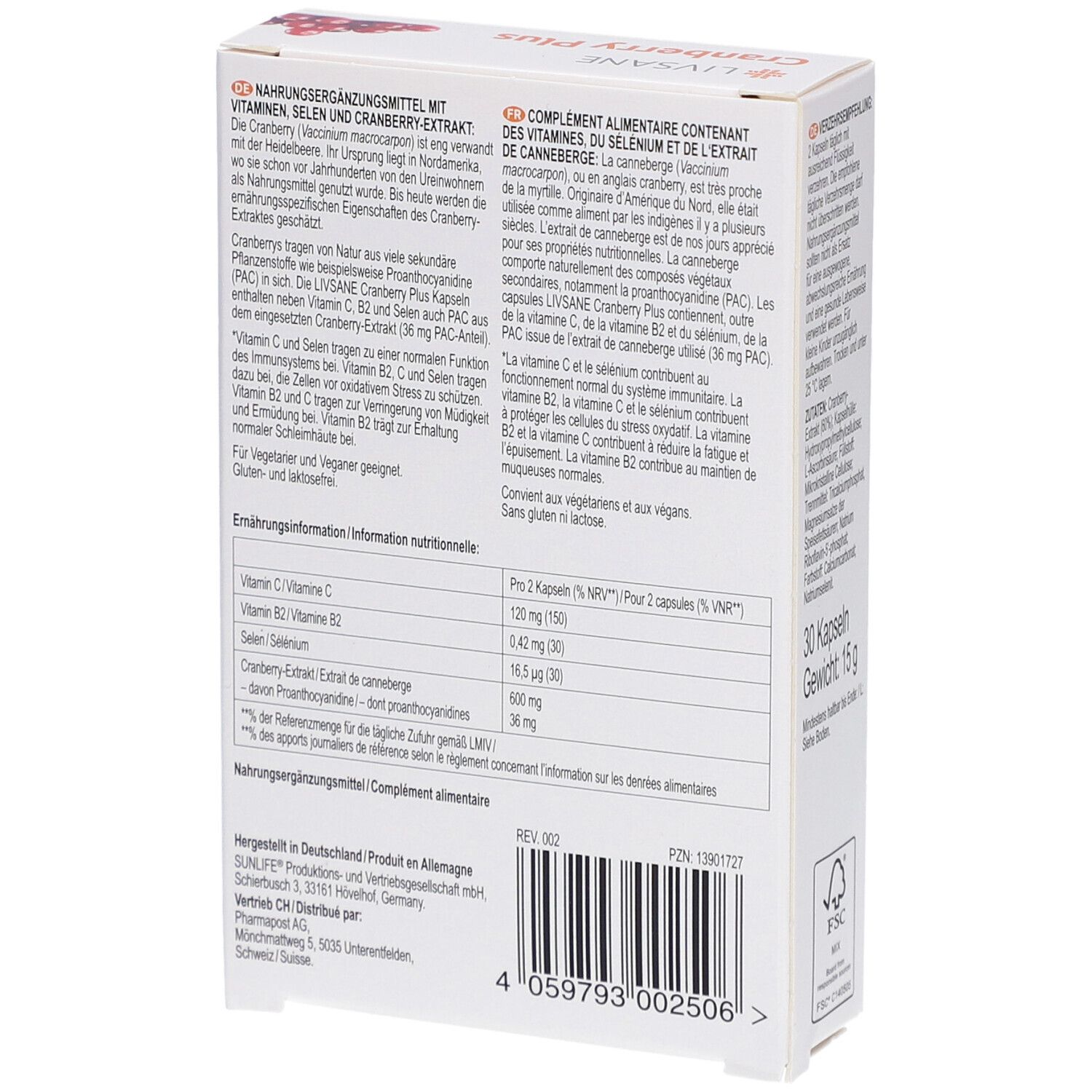 Rückseite der Verpackung von LIVSANE Cranberry Plus. Text mit Inhaltsstoffen und Nährwertangaben. 30 Kapseln.