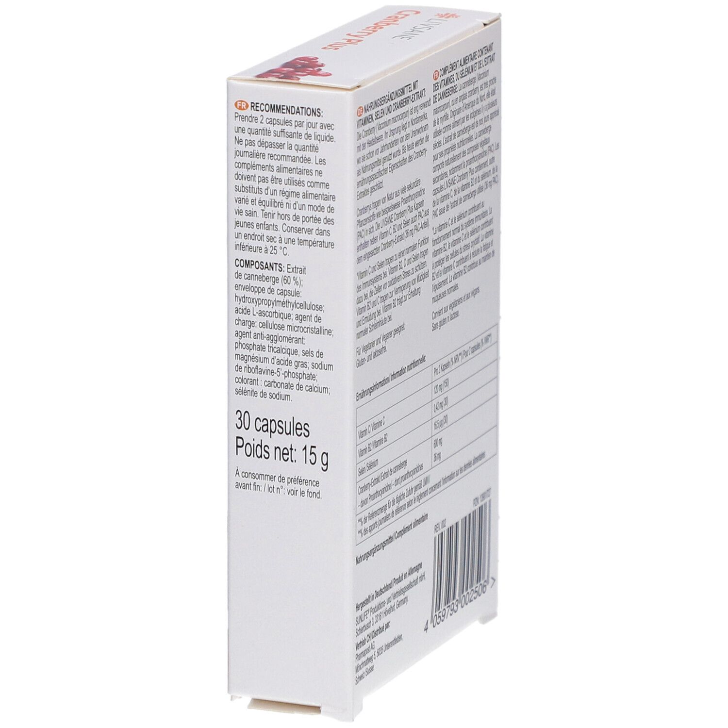 Rückseite der Verpackung von LIVSANE Cranberry Plus. Text mit Anwendungshinweisen und Inhaltsstoffen. 30 Kapseln.