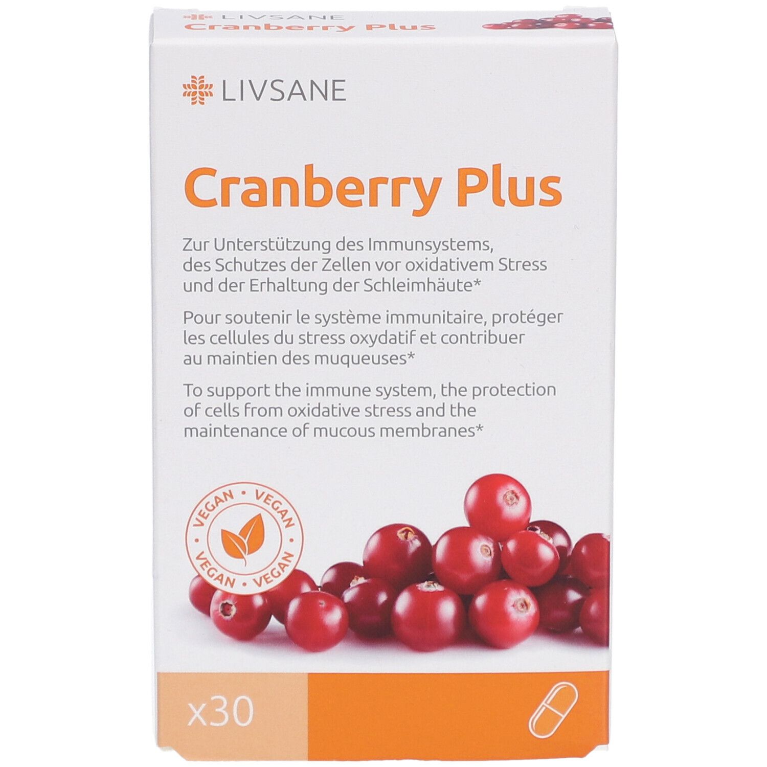 Vorderseite der Verpackung von LIVSANE Cranberry Plus. Text und Cranberry-Abbildung. Vegan-Siegel. 30 Kapseln.