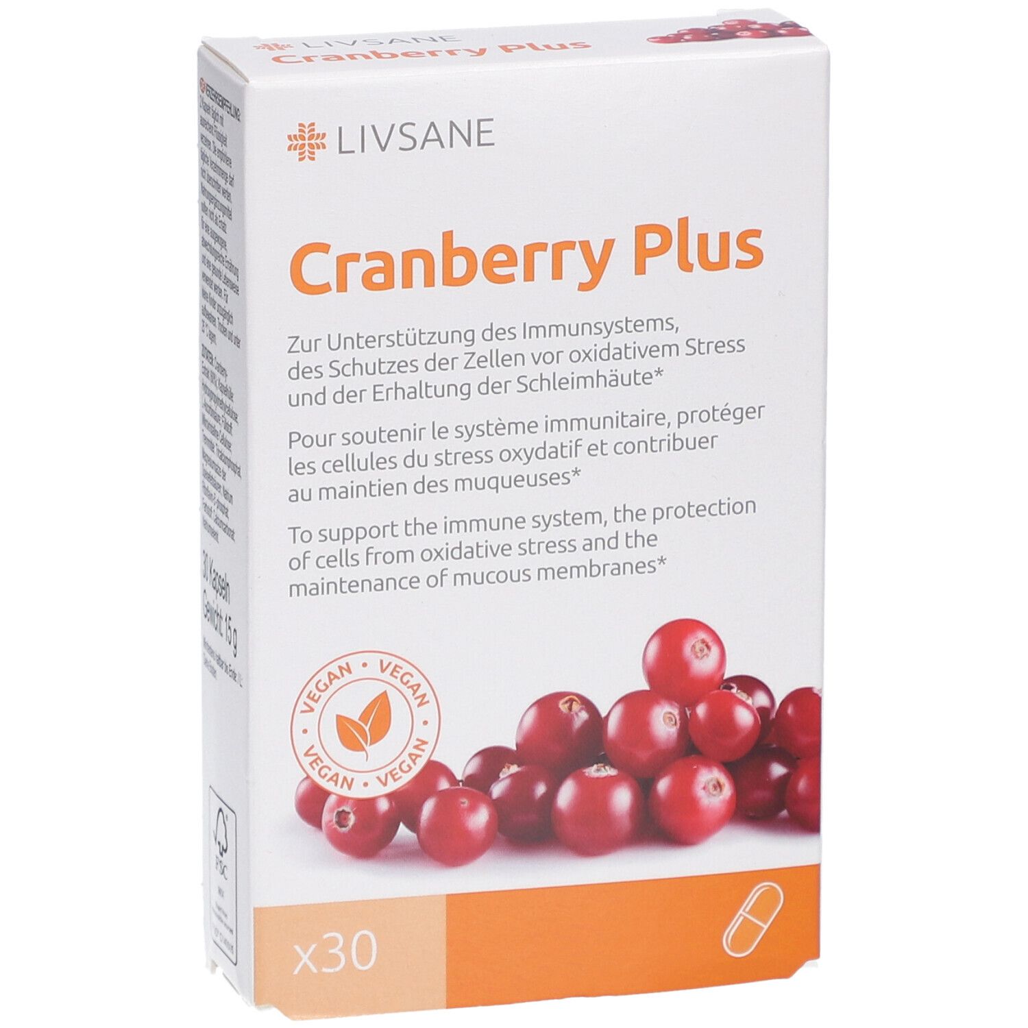 Verpackung von LIVSANE Cranberry Plus. Text und Cranberry-Abbildung. Vegan-Siegel. 30 Kapseln. Schräge Ansicht.