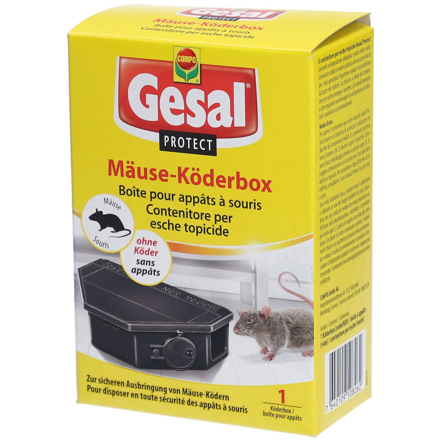 Gelbe Schachtel mit schwarzer Köderbox. Text: Gesal Protect, Mäuse-Köderbox. Enthält keine Köder. Maus-Illustration.