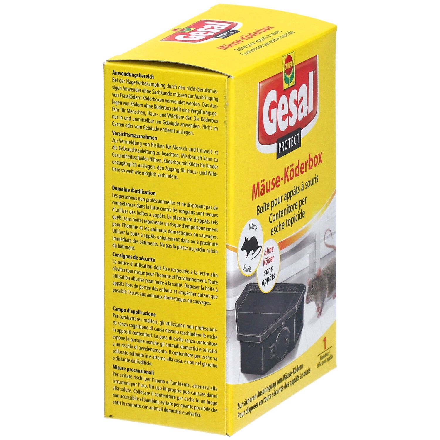 Gelbe Schachtel, Seitenansicht. Text: Gesal Protect, Mäuse-Köderbox. Schwarze Köderbox. Text in Deutsch, Französisch, Italienisch.