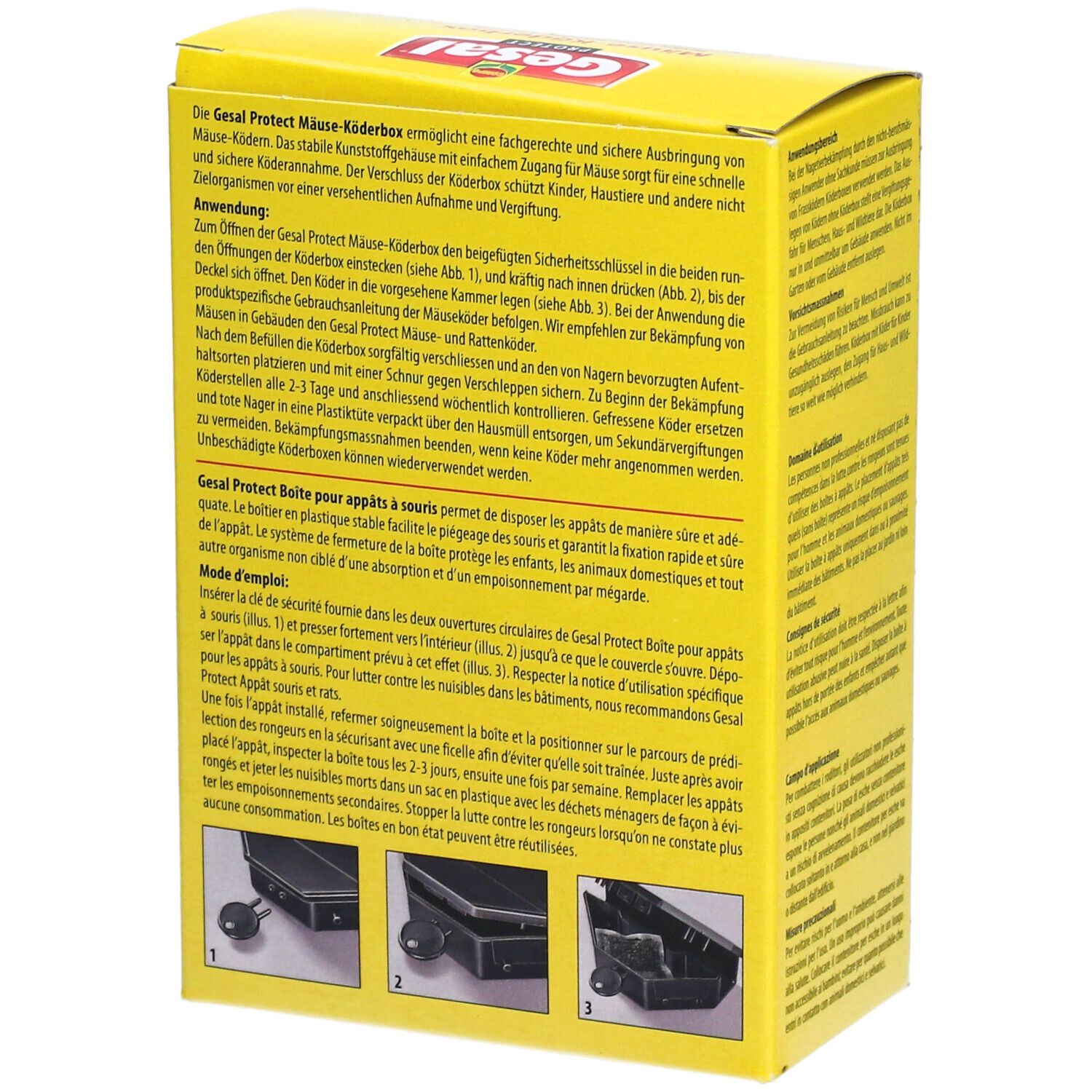 Gelbe Schachtel, Rückseite. Text: Gesal Protect, Mäuse-Köderbox. Beschreibung in mehreren Sprachen. Illustrationen.