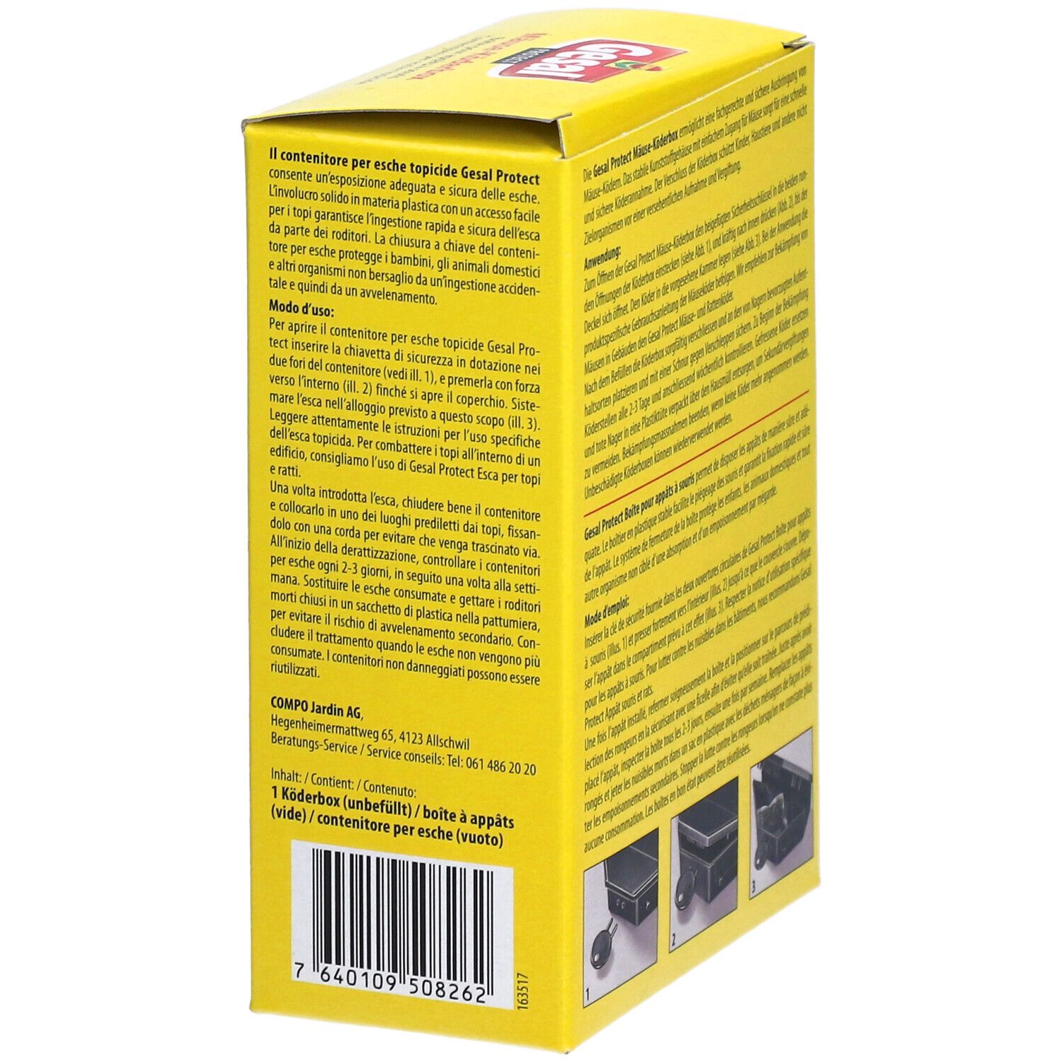 Gelbe Schachtel, Detailansicht. Text: Gesal Protect, Mäuse-Köderbox. Text in mehreren Sprachen. Illustrationen.