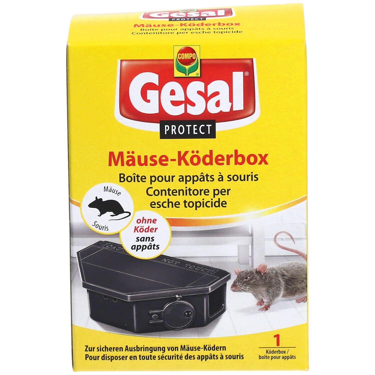 Gelbe Schachtel mit schwarzer Köderbox. Text: Gesal Protect, Mäuse-Köderbox. Enthält keine Köder. Maus-Illustration.
