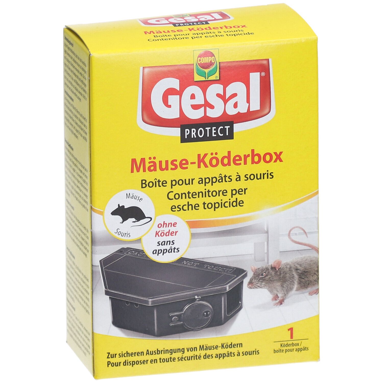 Gelbe Schachtel mit schwarzer Köderbox. Text: Gesal Protect, Mäuse-Köderbox. Enthält keine Köder. Maus-Illustration.