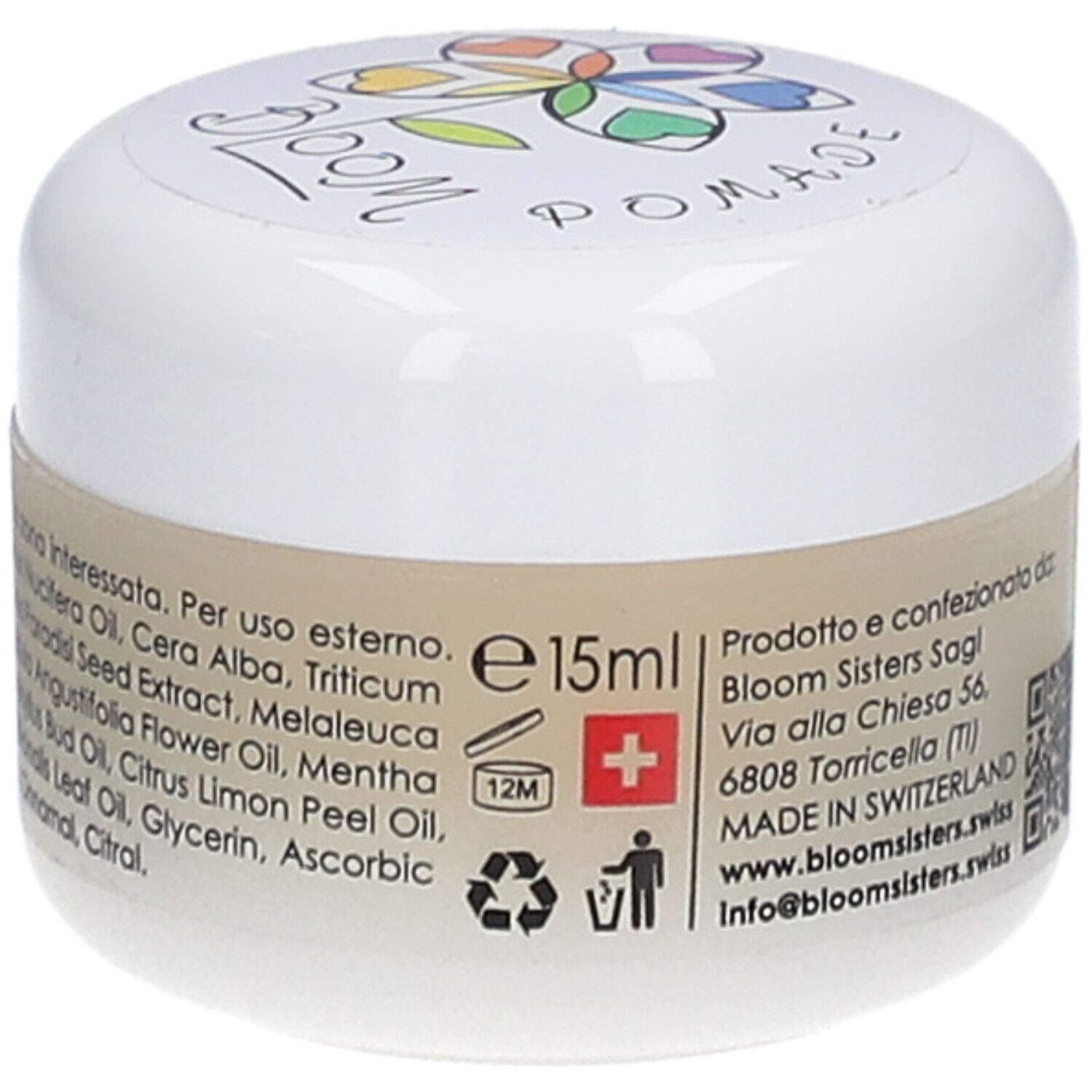 Pot de crème avec impression BLOOM. Inscription : BLOOM POMADE. Contient 15 ml. Croix suisse. Texte en italien.