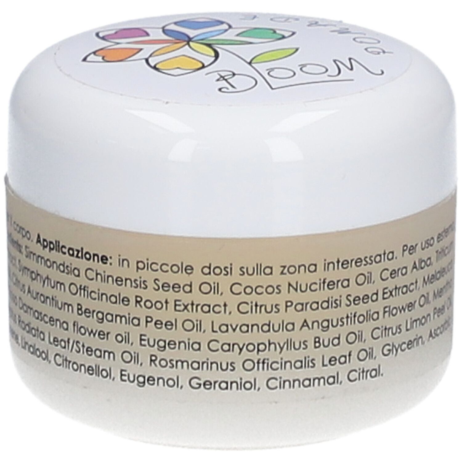 Pot de crème avec impression BLOOM. Inscription : BLOOM POMADE. Texte en italien. Liste des ingrédients.