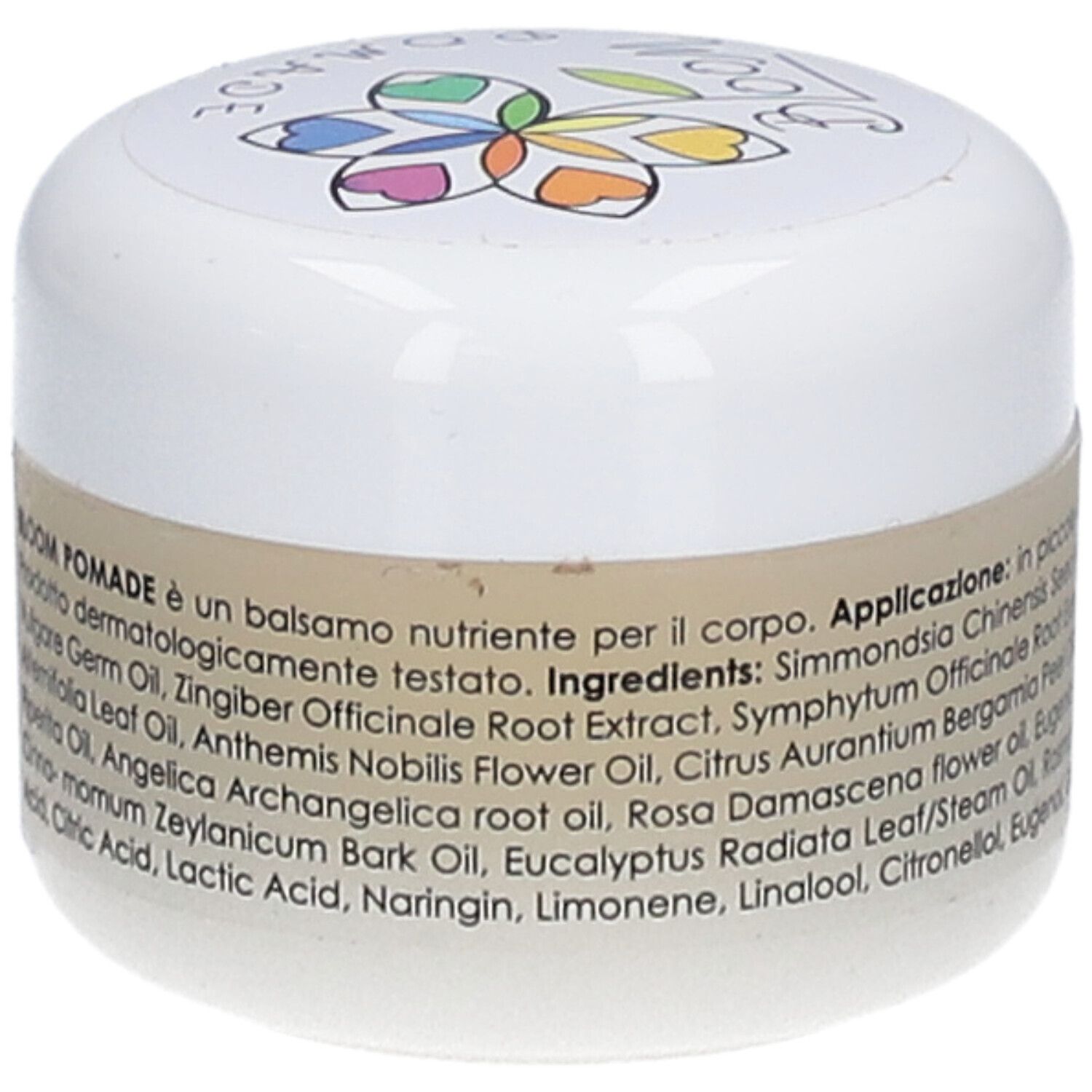 Pot de crème avec impression BLOOM. Inscription : BLOOM POMADE. Texte en italien. Liste des ingrédients.