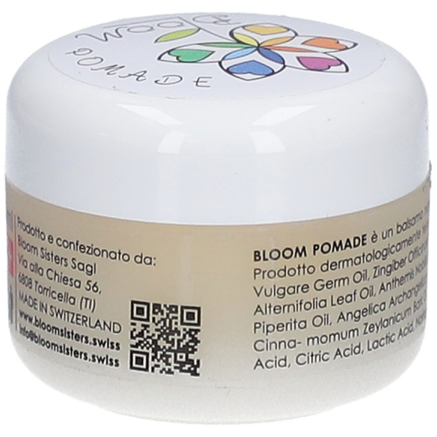 Pot de crème avec impression BLOOM. Inscription : BLOOM POMADE. Texte en italien. Code QR.