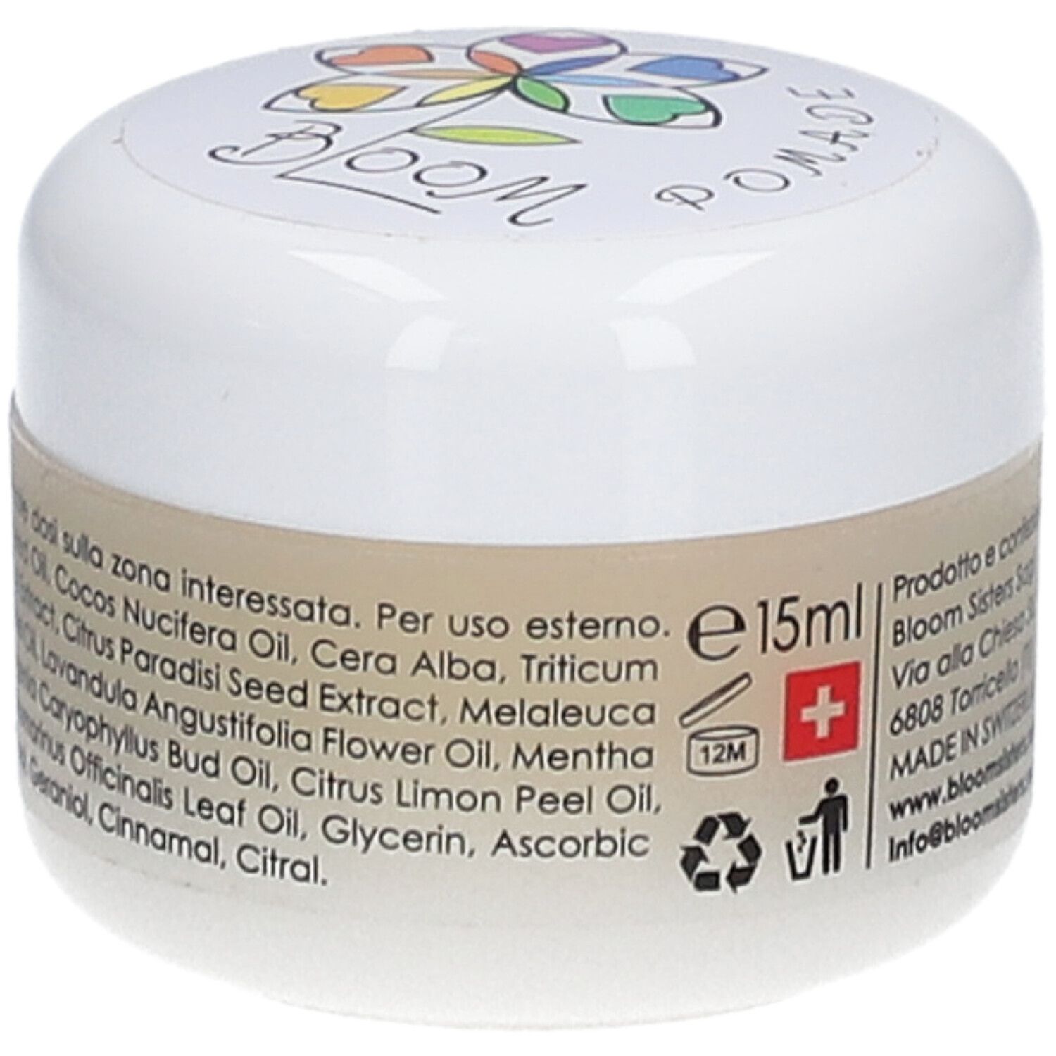 Pot de crème avec impression BLOOM. Inscription : BLOOM POMADE. Contient 15 ml. Croix suisse. Texte en italien.