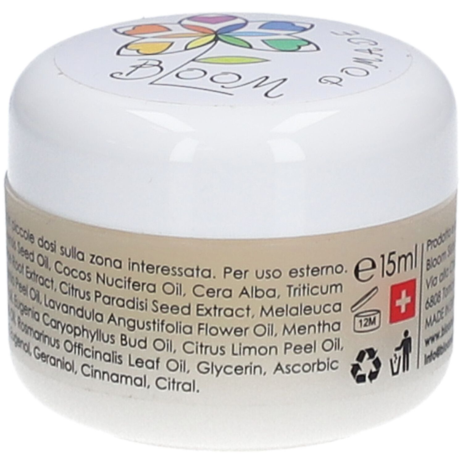 Pot de crème avec impression BLOOM. Inscription : BLOOM POMADE. Contient 15 ml. Croix suisse. Texte en italien.