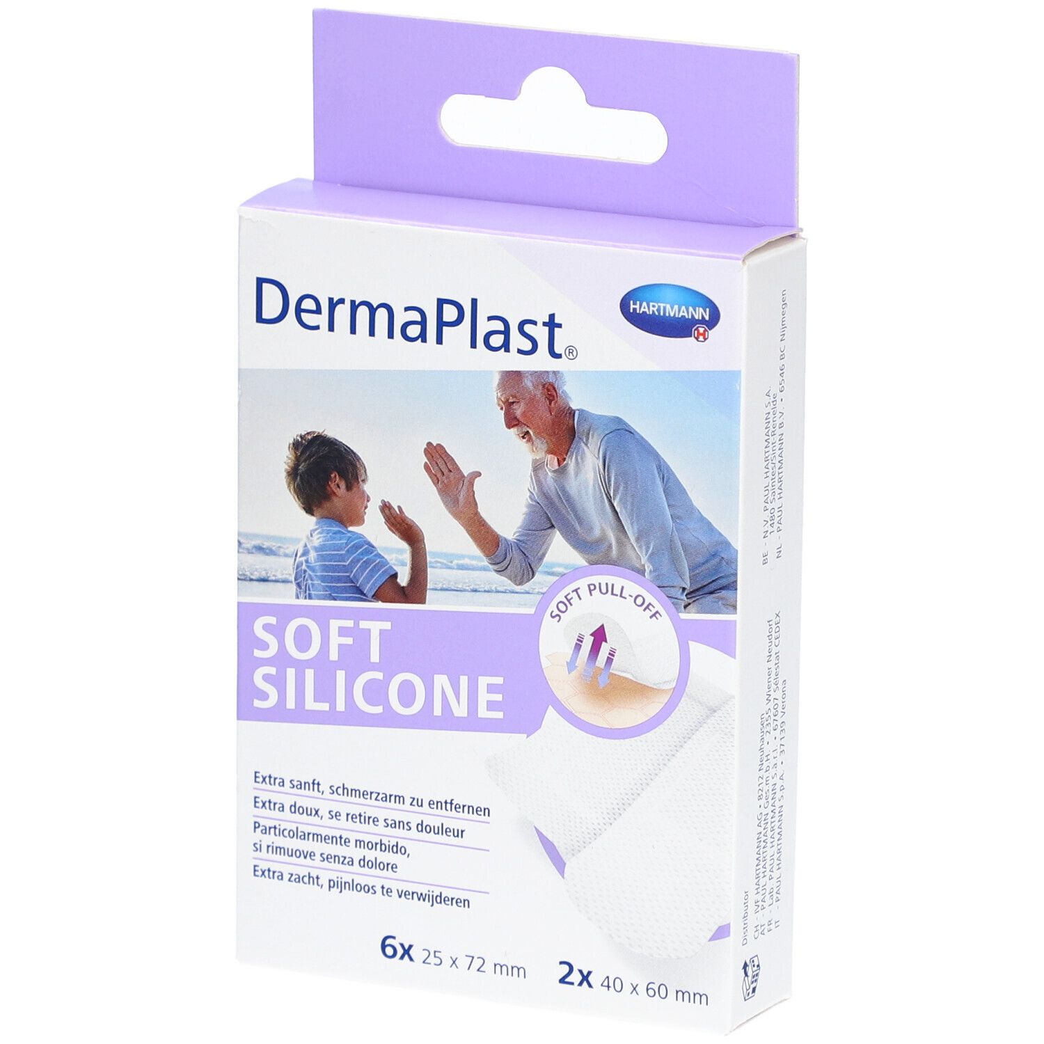 Verpackung von DermaPlast® Soft Silicone Pflastern. Enthält 6 Pflaster 25x72 mm und 2 Pflaster 40x60 mm. Mit Hartmann Logo.