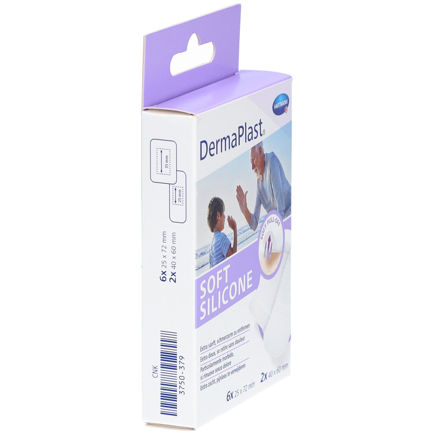Verpackung von DermaPlast® Soft Silicone Pflastern. Seitenansicht. Enthält 6 Pflaster 25x72 mm und 2 Pflaster 40x60 mm.
