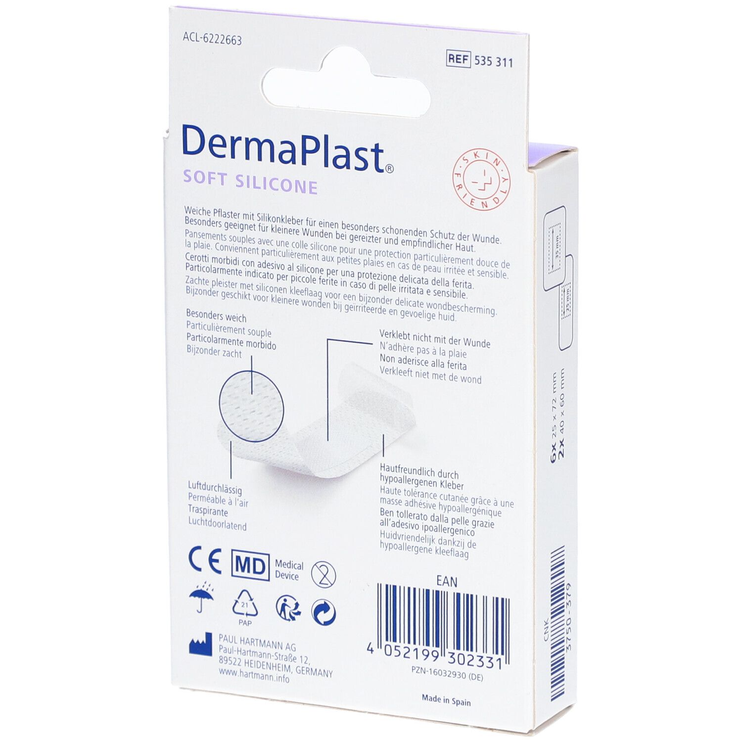 Rückseite der DermaPlast® Soft Silicone Pflaster-Verpackung. Produktinformationen, Zertifizierungen und Herstellerangaben.