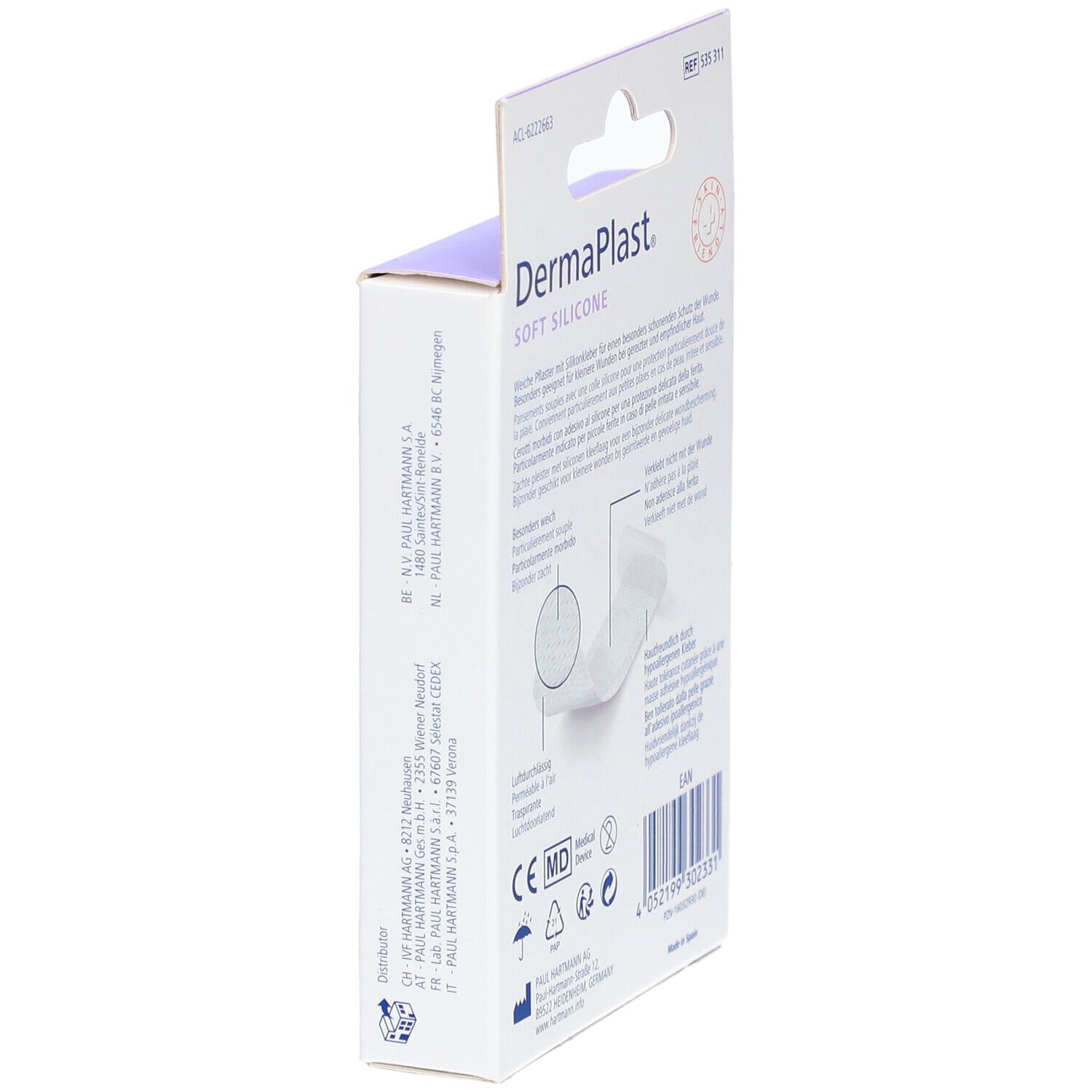 Seitenansicht der DermaPlast® Soft Silicone Pflaster-Verpackung. Produktinformationen und Herstellerangaben.