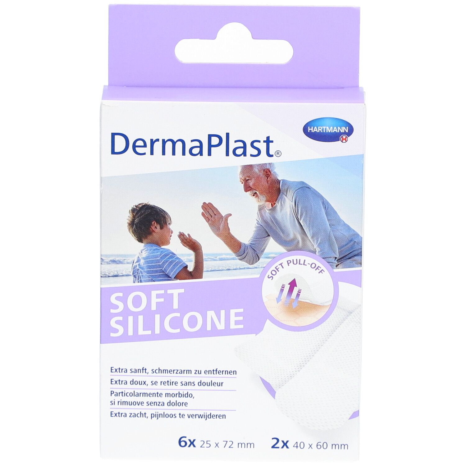 Verpackung von DermaPlast® Soft Silicone Pflastern. Enthält 6 Pflaster 25x72 mm und 2 Pflaster 40x60 mm. Mit Hartmann Logo.