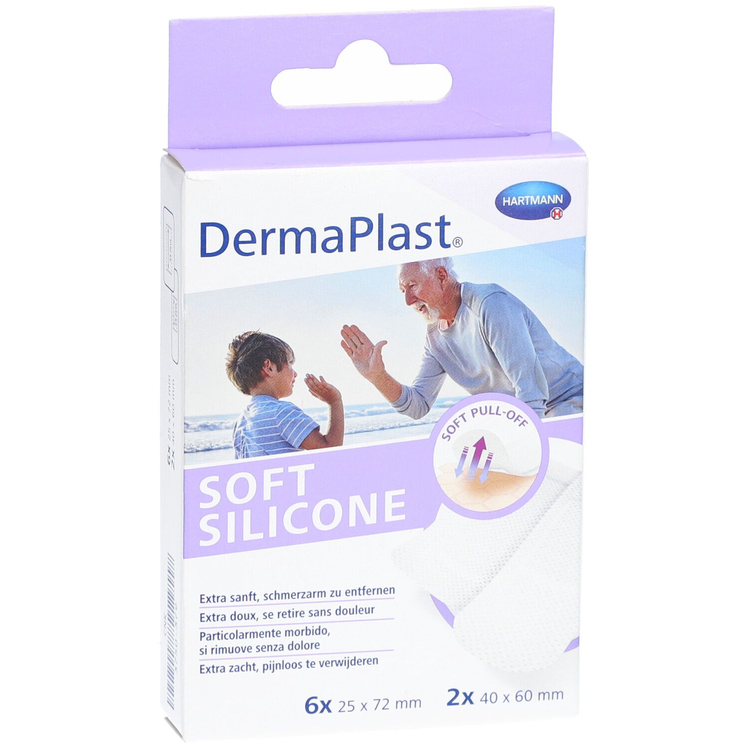 Verpackung von DermaPlast® Soft Silicone Pflastern. Enthält 6 Pflaster 25x72 mm und 2 Pflaster 40x60 mm. Mit Hartmann Logo.