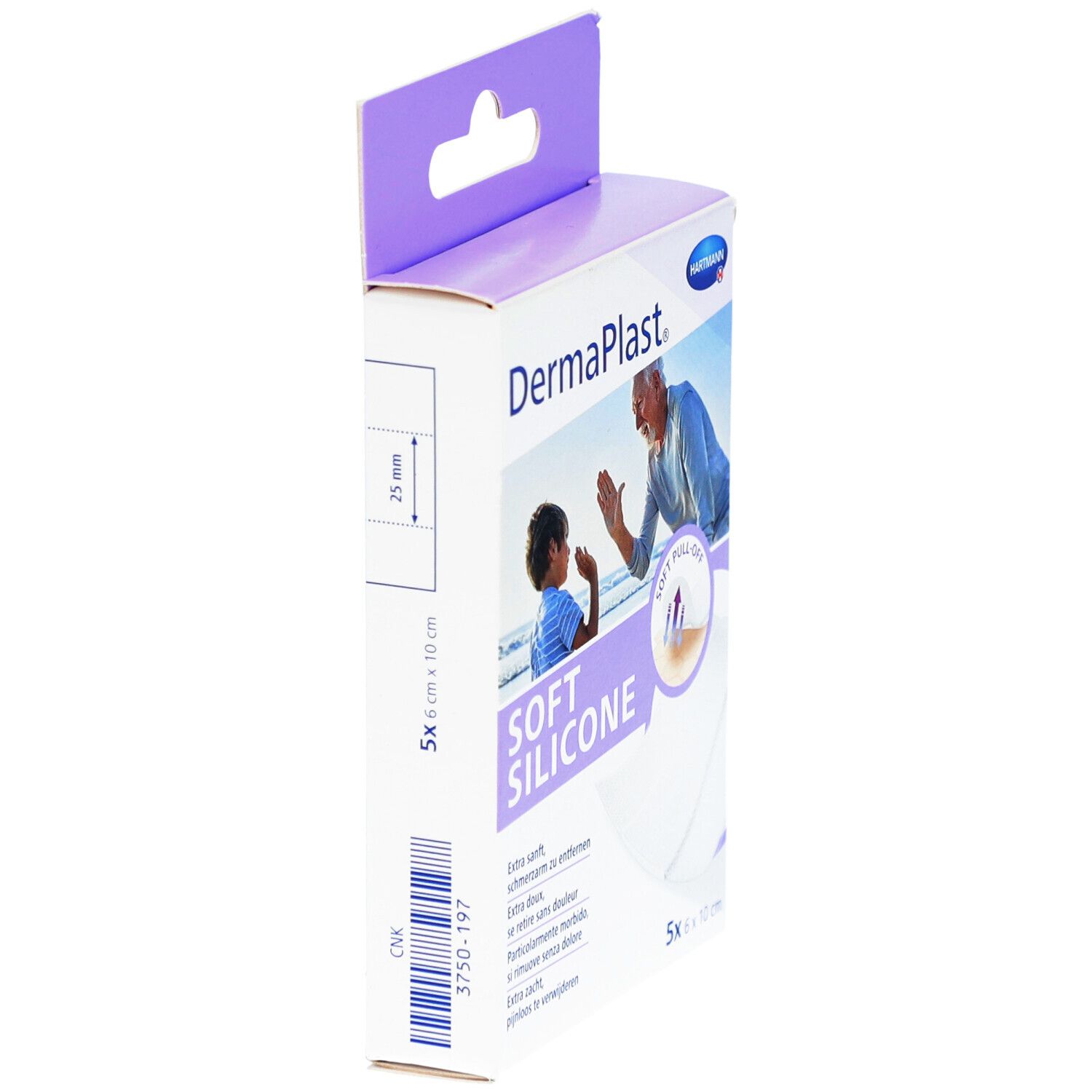 Seitenansicht der DermaPlast® Soft Silicone Pflaster Verpackung. Maße: 6 x 10 cm. Aufdruck: Soft Silicone, Hartmann Logo.