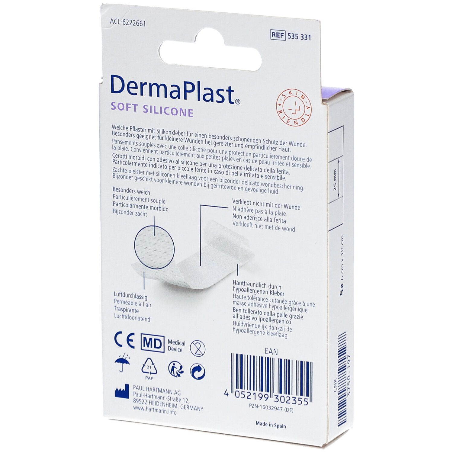 Rückseite der DermaPlast® Soft Silicone Pflaster Verpackung. Produktinformationen, CE-Kennzeichnung, Maße: 6 x 10 cm.