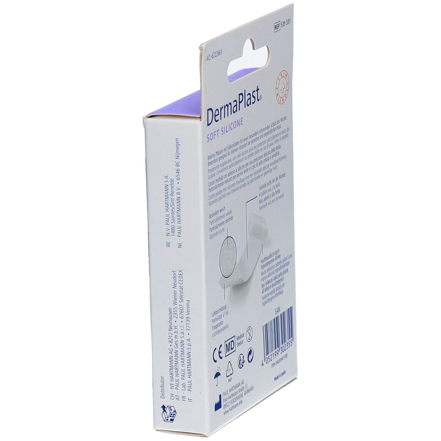 Seitenansicht der DermaPlast® Soft Silicone Pflaster Verpackung. Produktinformationen, CE-Kennzeichnung.