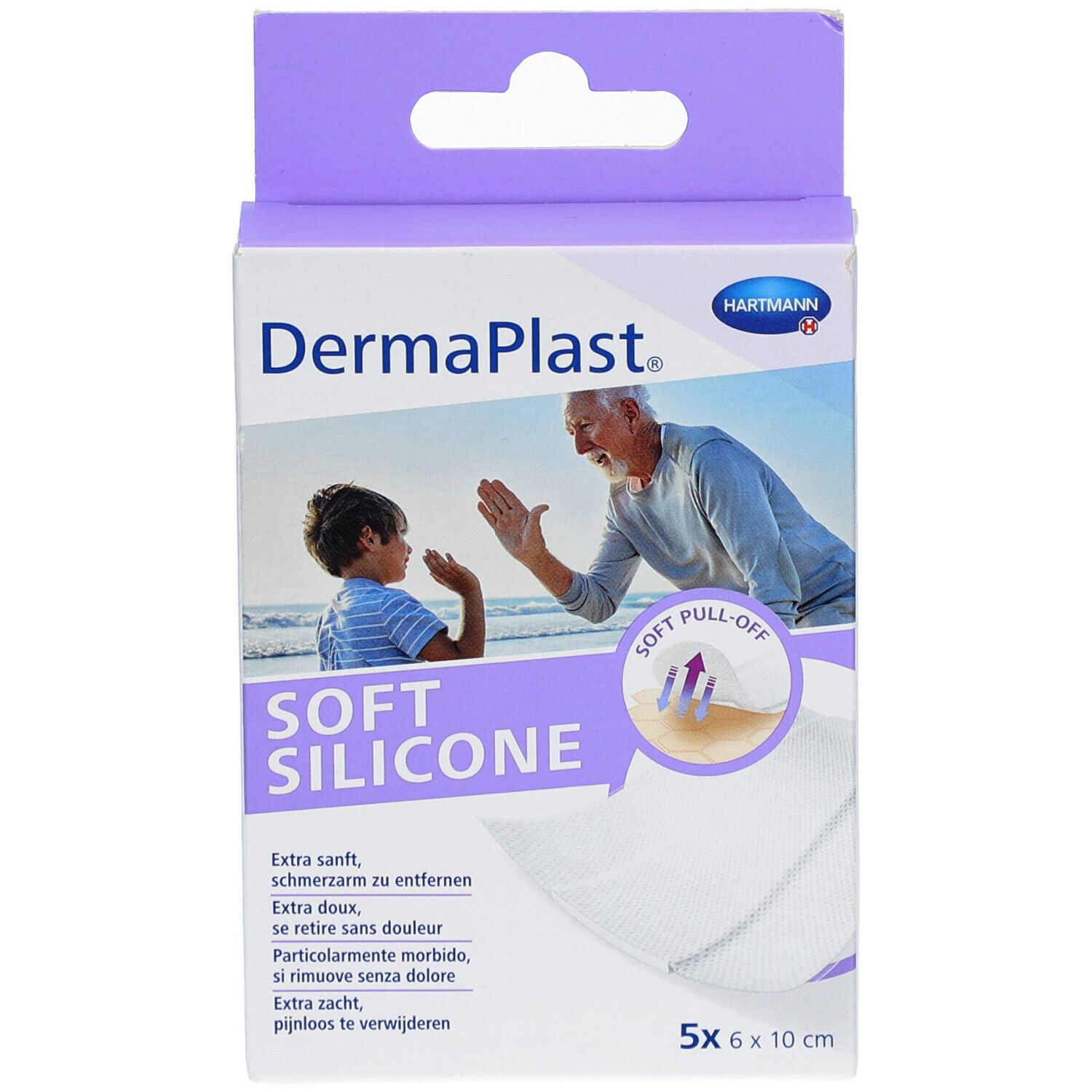 Verpackung von DermaPlast® Soft Silicone Pflaster. 5 Stück, 6 x 10 cm. Aufdruck: Soft Silicone, Hartmann Logo.