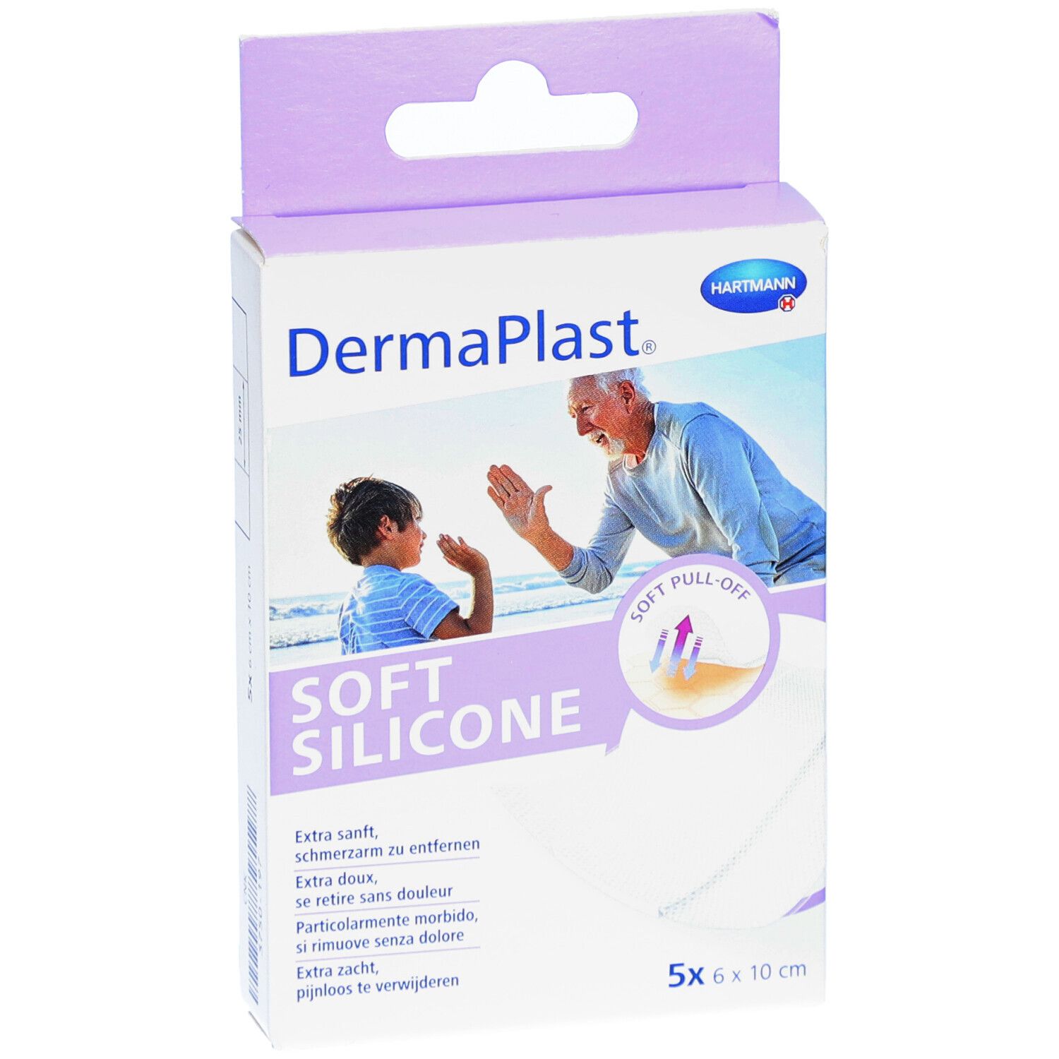 Verpackung von DermaPlast® Soft Silicone Pflaster. 5 Stück, 6 x 10 cm. Aufdruck: Soft Silicone, Hartmann Logo.