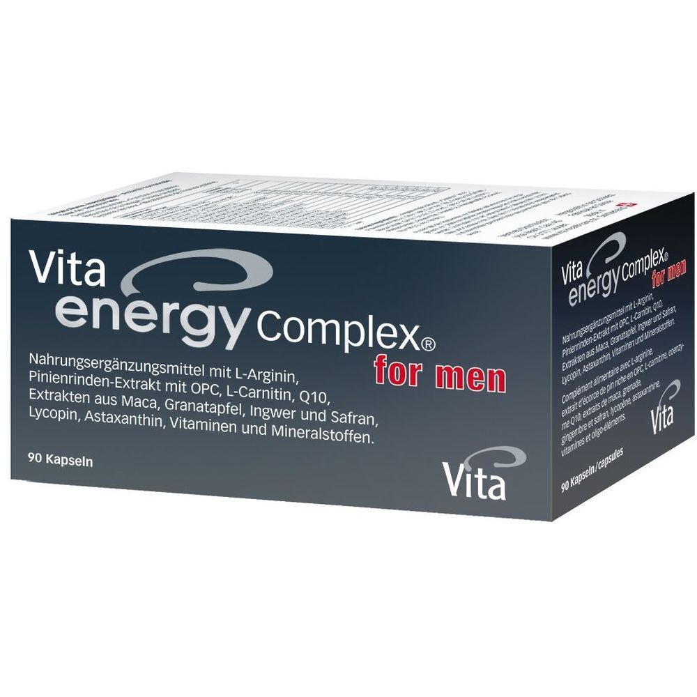 Dunkelgraue Schachtel mit "Vita energy complex for men". Enthält 90 Kapseln. Text: Nahrungsergänzungsmittel.