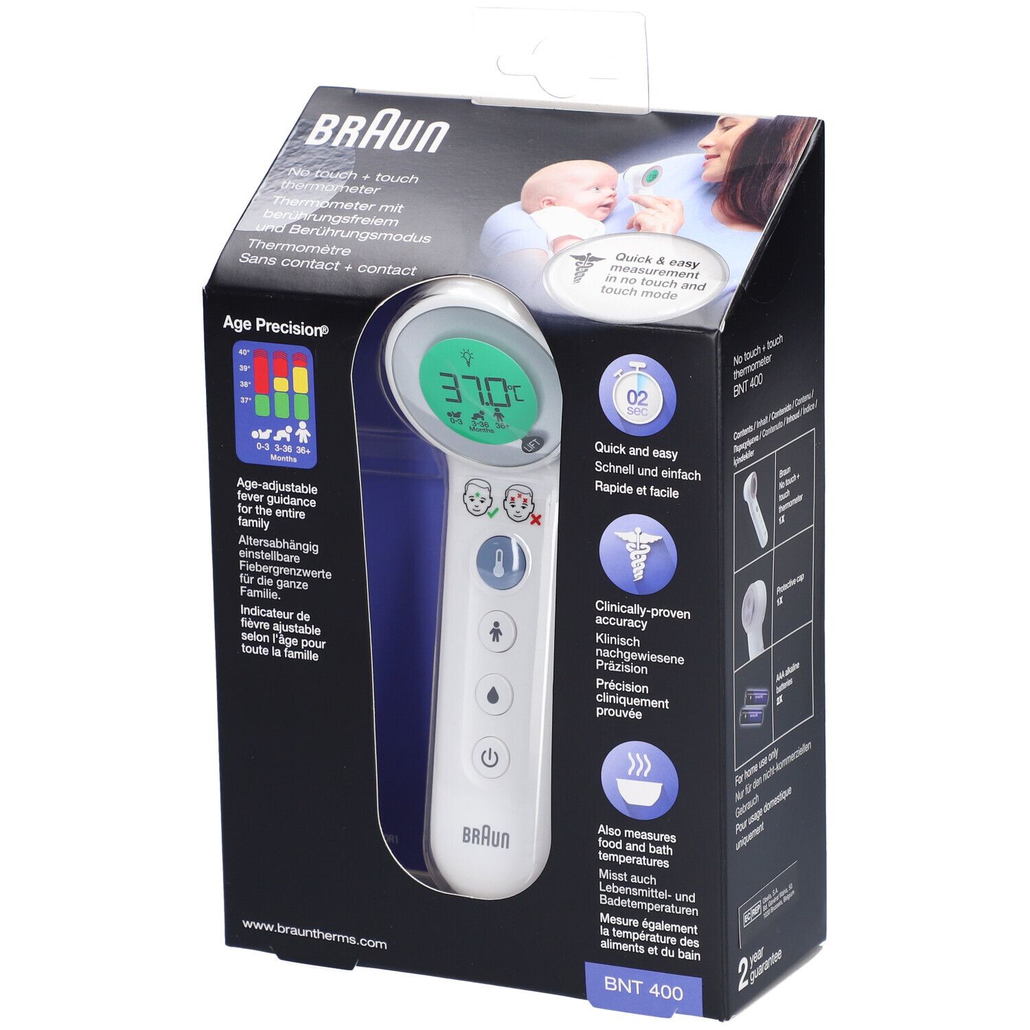 Verpackung mit Braun Stirnthermometer. Produktname und Funktionen sind auf der Verpackung abgebildet. Das Thermometer ist sichtbar.