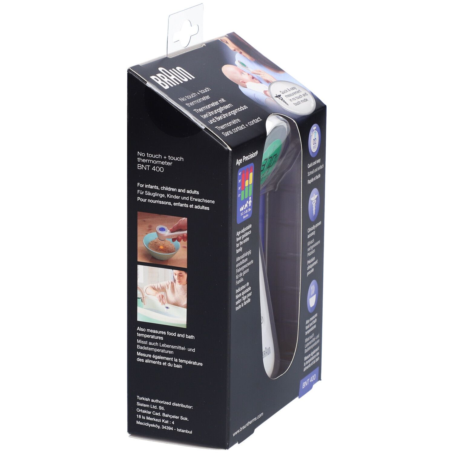 Seitenansicht der Verpackung des Braun Stirnthermometers. Produktname und Funktionen sind auf der Verpackung abgebildet.