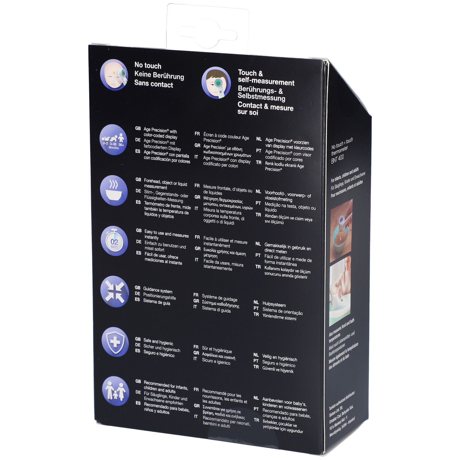 Rückseite der Verpackung des Braun Stirnthermometers. Textinformationen in mehreren Sprachen. Produktmerkmale und Anweisungen.