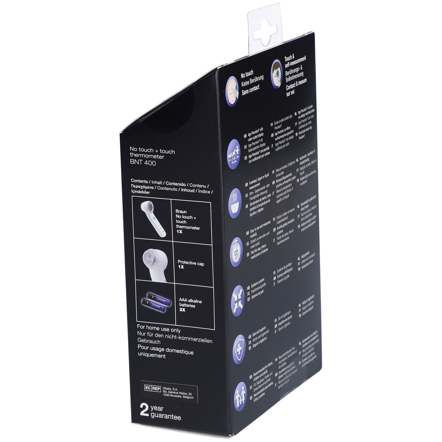 Seite der Verpackung des Braun Stirnthermometers. Enthält das Thermometer, Schutzkappe und Batterien.