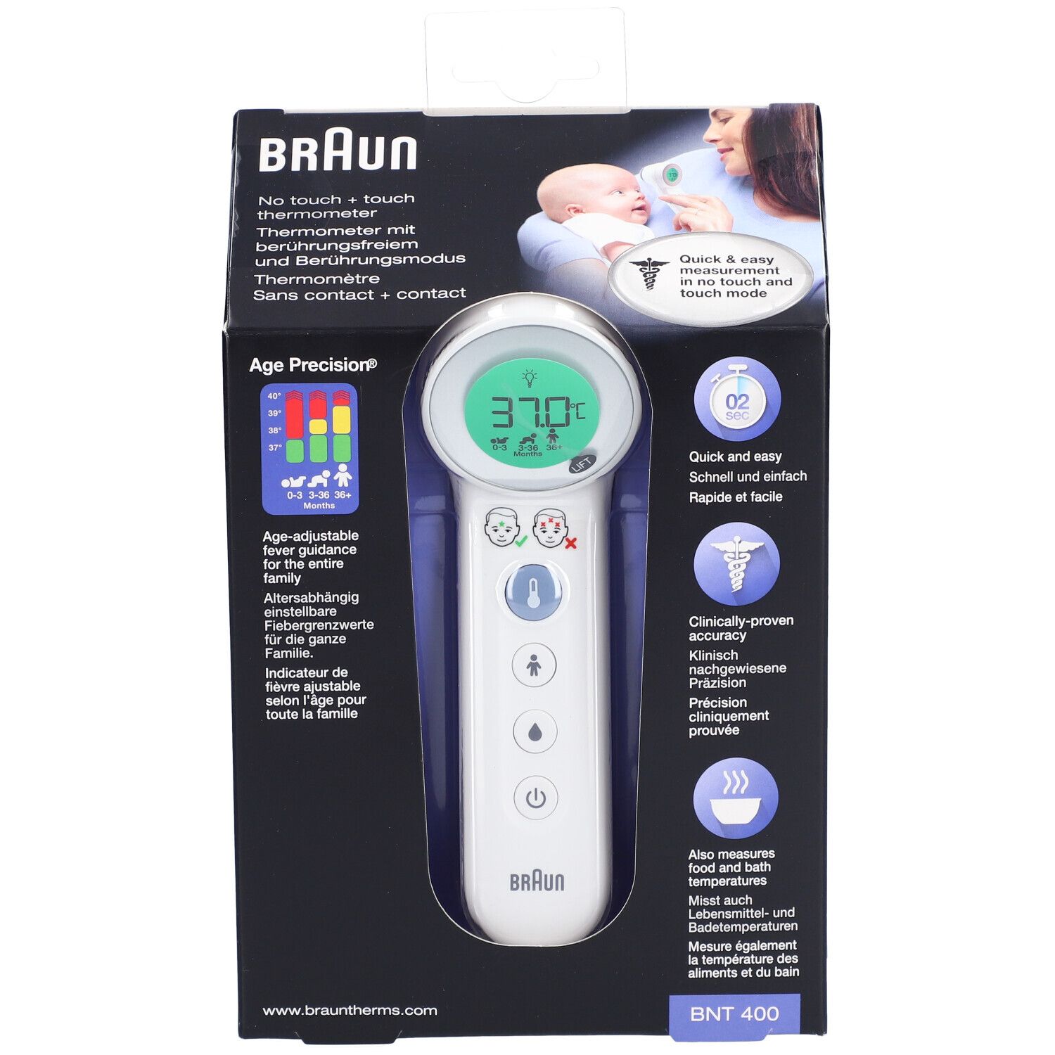 Braun Stirnthermometer in der Verpackung. Das Thermometer zeigt eine Temperatur an. Produktname und Funktionen sind sichtbar.