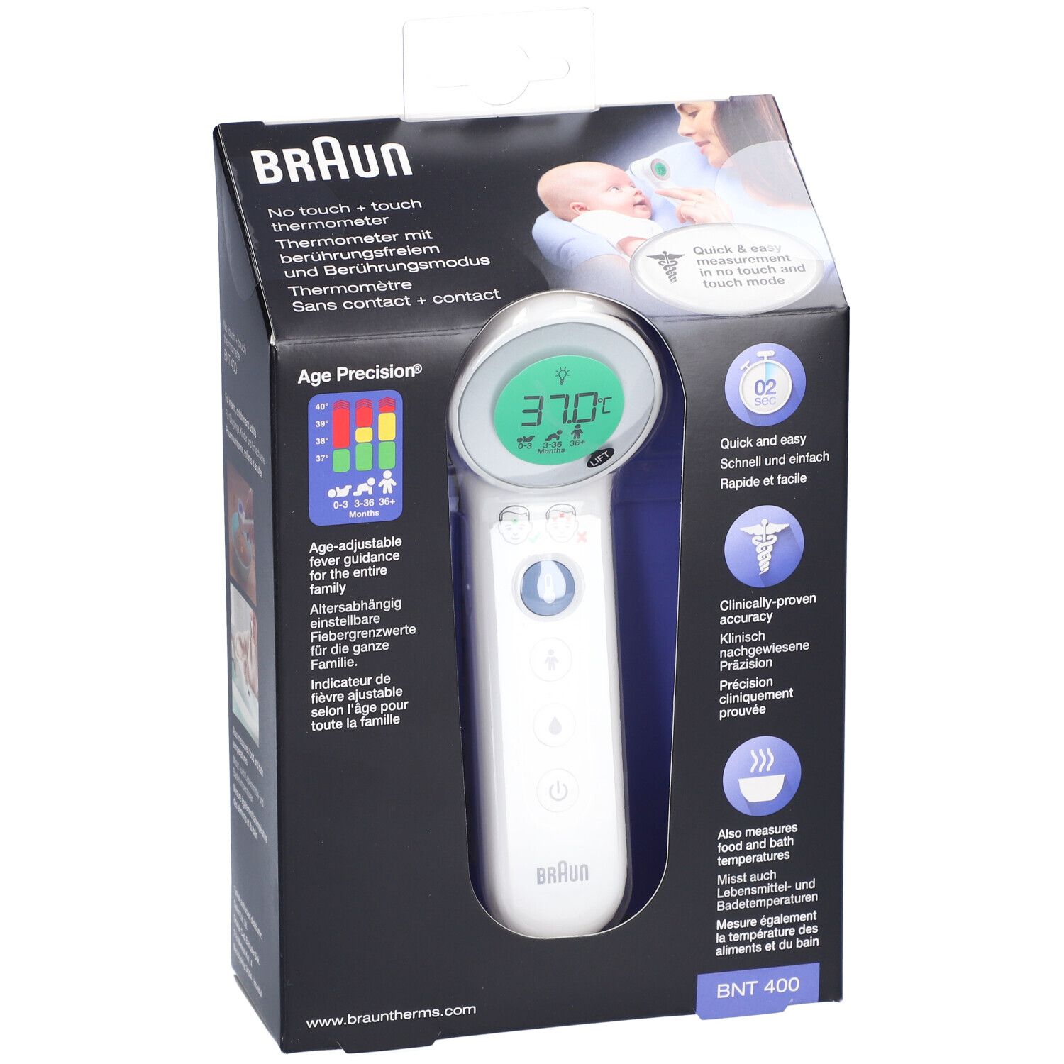 Braun Stirnthermometer in der Verpackung. Das Thermometer zeigt eine Temperatur an. Produktname und Funktionen sind sichtbar.