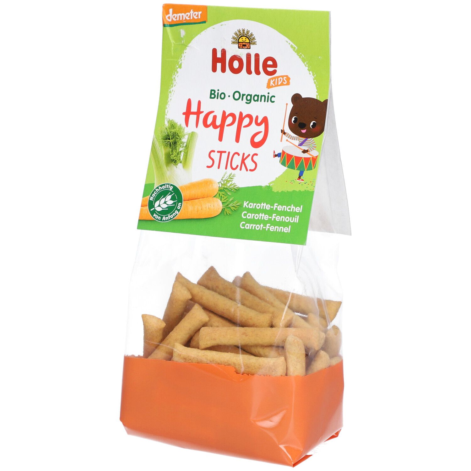 Verpackung mit Holle Bio Happy Sticks Karotte-Fenchel. Transparente Tüte mit orangefarbenem Boden, gefüllt mit Sticks.