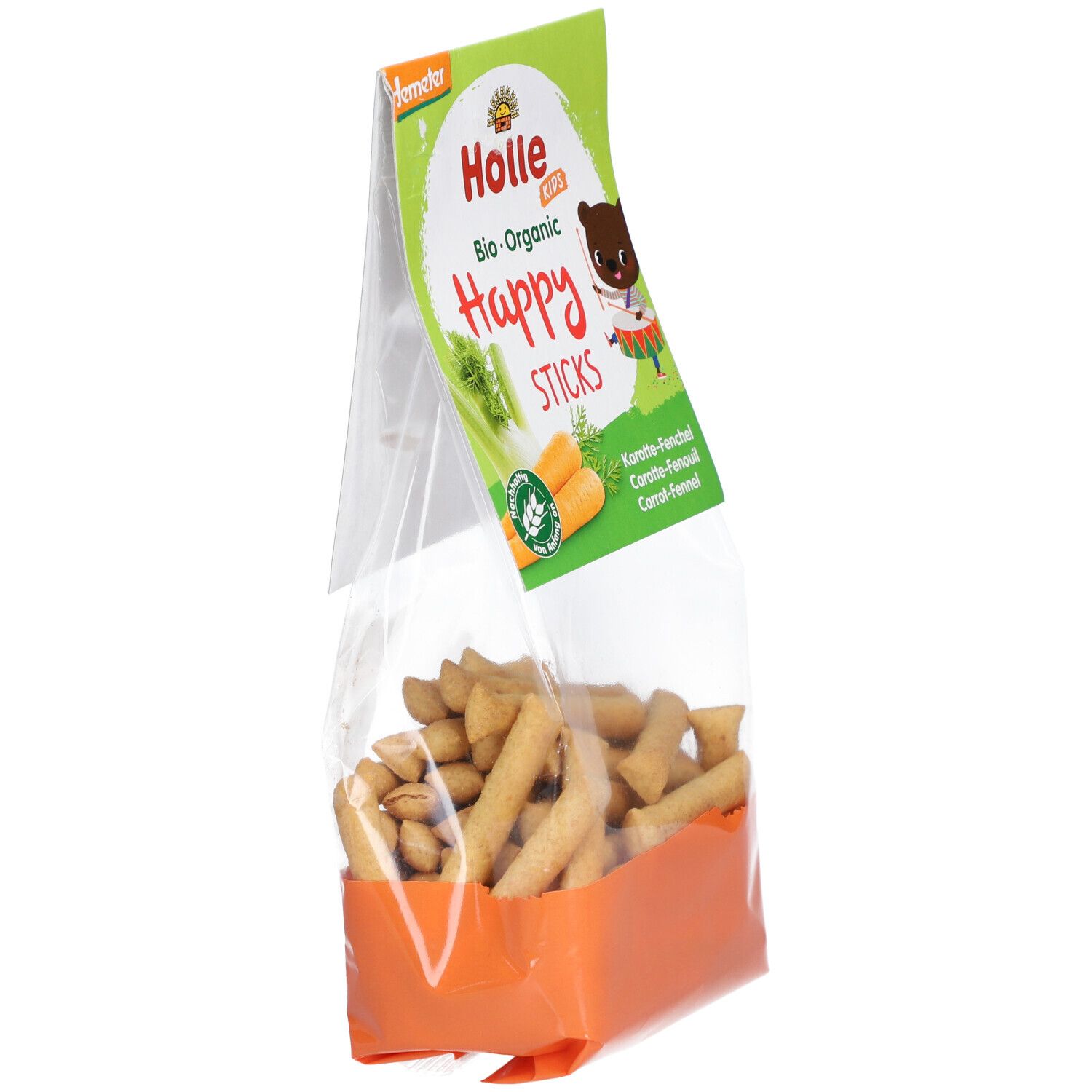 Holle Bio Happy Sticks Karotte-Fenchel in transparenter Verpackung. Orangefarbener Boden. Aufdruck mit Produktnamen und Illustration.