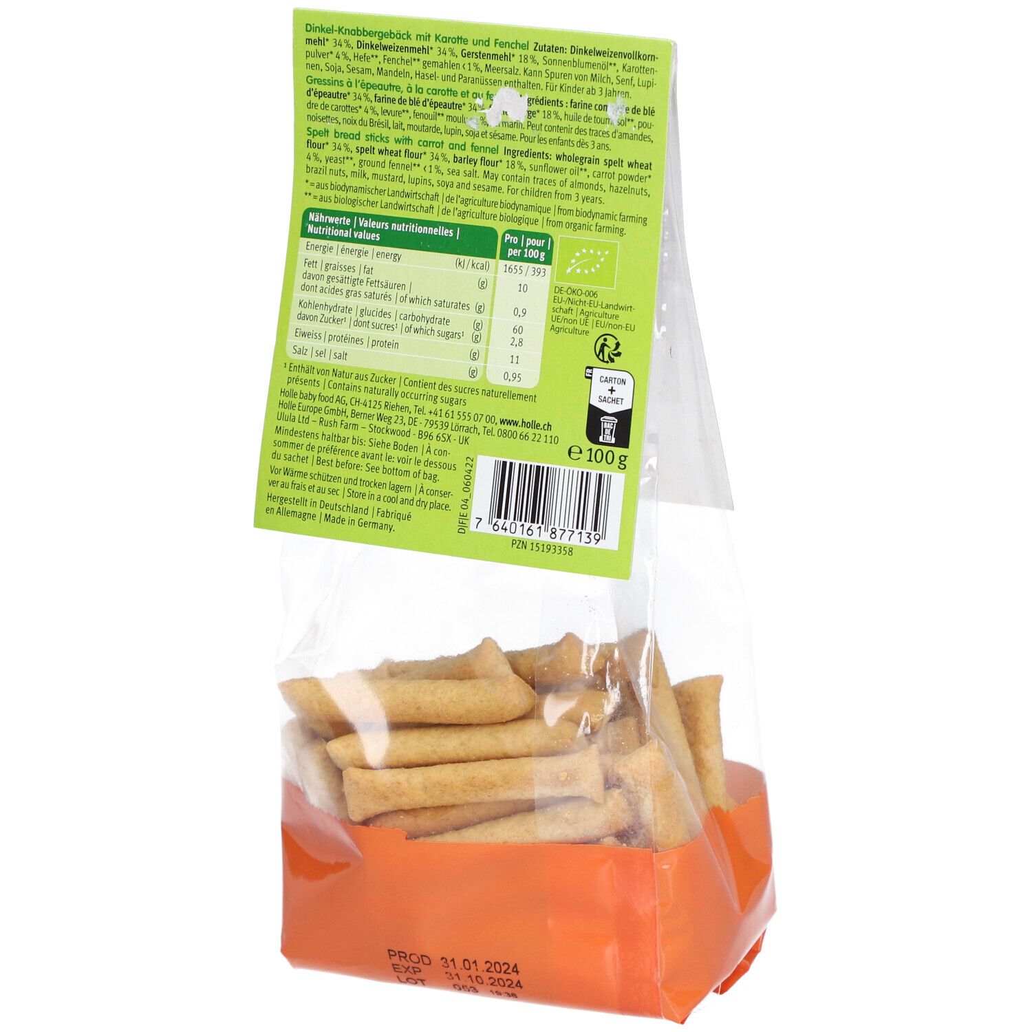 Rückseite der Holle Bio Happy Sticks Verpackung. Enthält Nährwertangaben, Zutatenliste und Bio-Siegel.