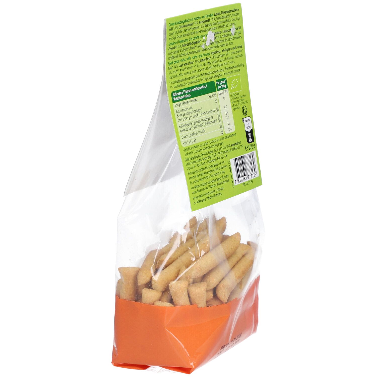 Rückansicht der Holle Bio Happy Sticks Verpackung. Enthält Nährwertangaben und Zutatenliste. Bio-Siegel.