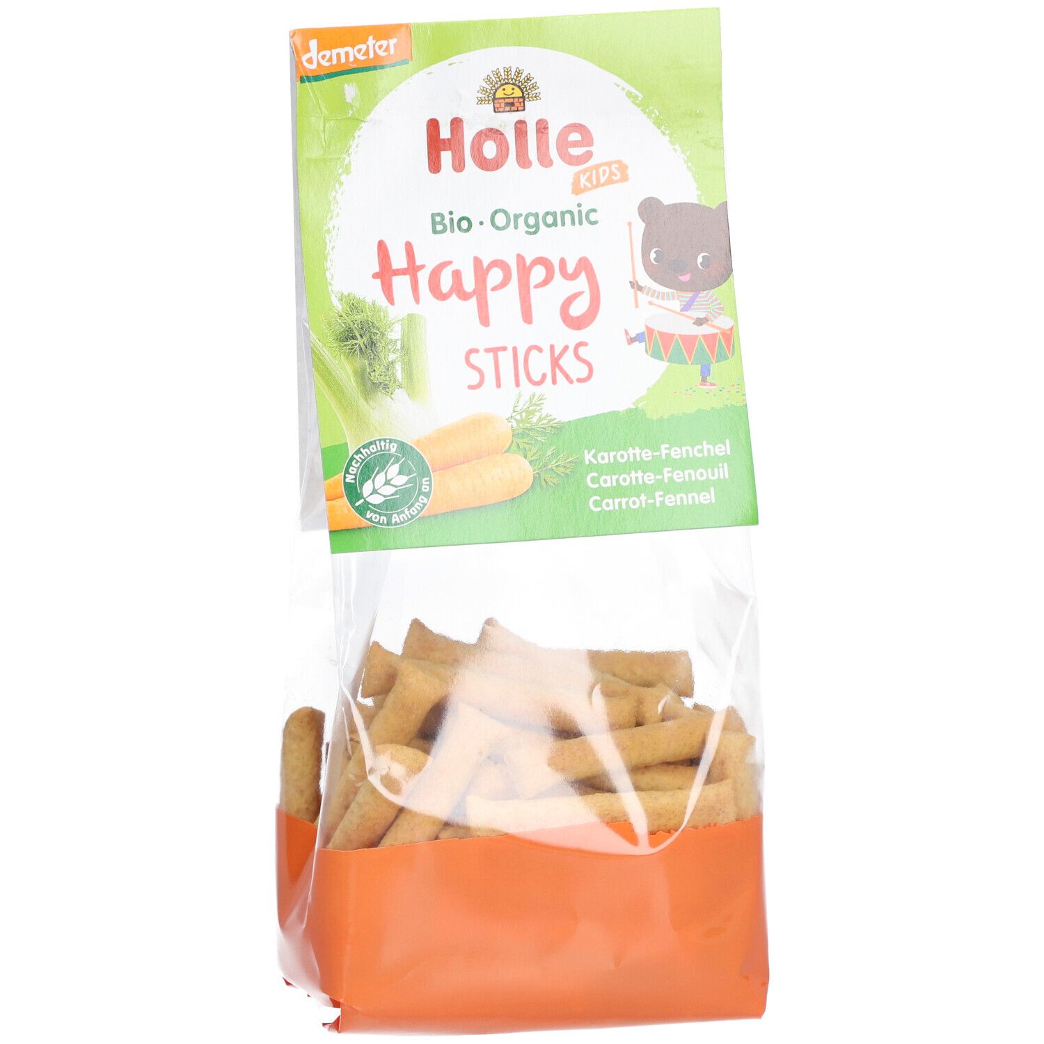 Holle Bio Happy Sticks Karotte-Fenchel in transparenter Verpackung. Orangefarbener Boden. Produktname und Illustration.