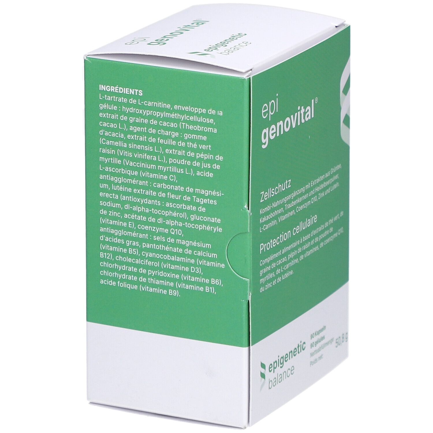 Grüne Schachtel, Inhaltsstoffe-Liste. Enthält L-Carnitin, Hydroxypropylmethylcellulose, Kakaobohnenextrakt, etc.