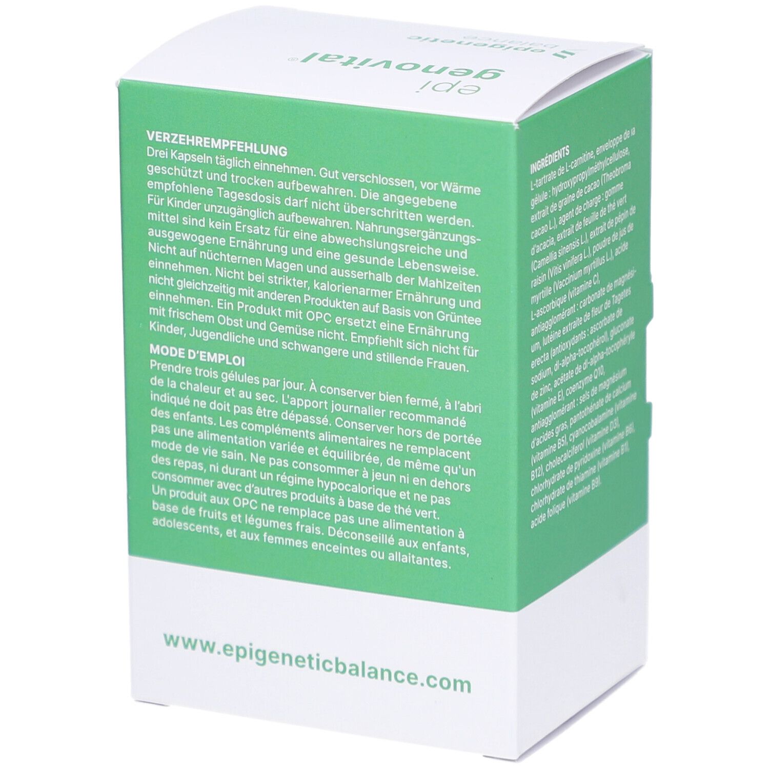 Grüne Schachtel, Verzehrempfehlung und Anwendungshinweise. Text in Deutsch und Französisch.