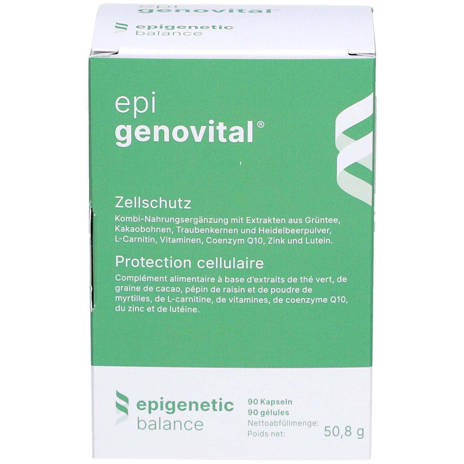 Grüne Schachtel mit "epi genovital"-Logo. Text: Zellschutz, Kombi-Nahrungsergänzung. 90 Kapseln, 50,8 g.