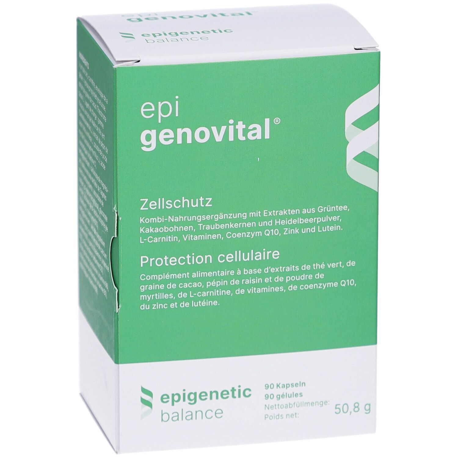 Grüne Schachtel mit "epi genovital"-Logo. Text: Zellschutz, Kombi-Nahrungsergänzung. 90 Kapseln, 50,8 g.