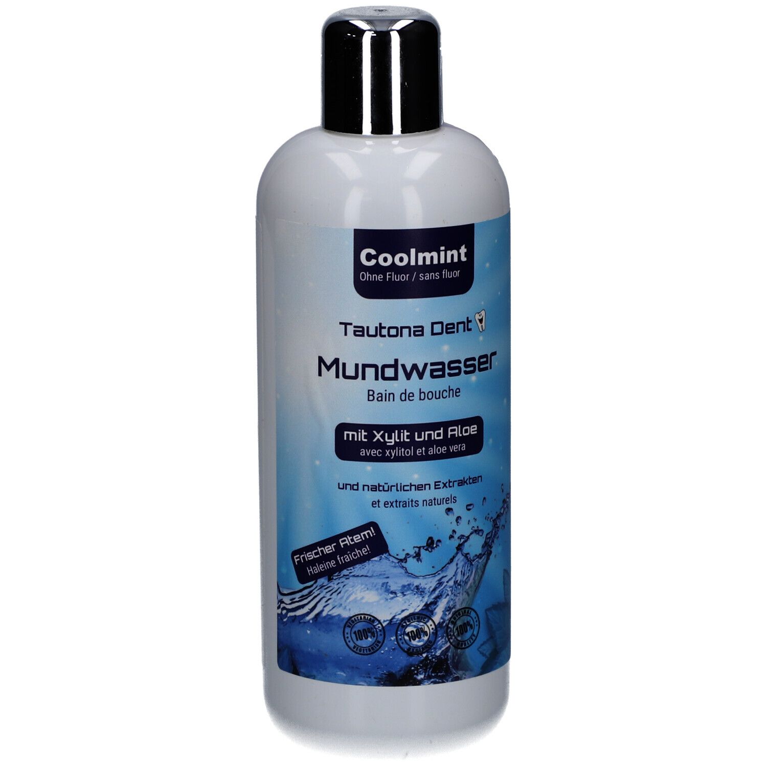 Weiße Flasche mit silbernem Verschluss. Aufschrift: Coolmint, Tautona Dent Mundwasser. Mit Xylit und Aloe.