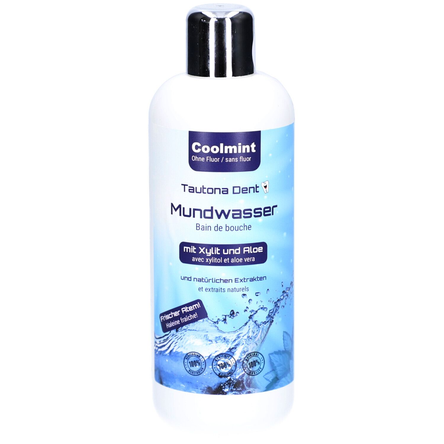 Weiße Flasche mit silbernem Verschluss. Aufschrift: Coolmint, Tautona Dent Mundwasser. Mit Xylit und Aloe.